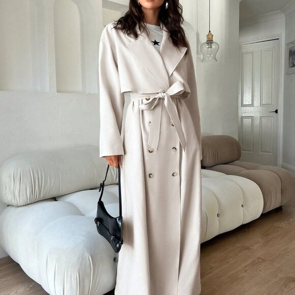 Apricot Elegant Women's Long Overcoat With Double-Breasted Buttons - Picture 5 of 7